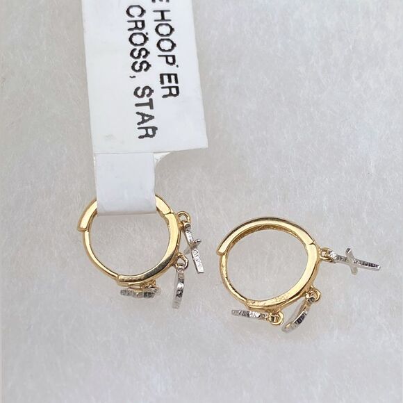 Carla Nancy B. 14k Gold Huggie Hoop earrings with star and cross charm - Picture 1 of 7